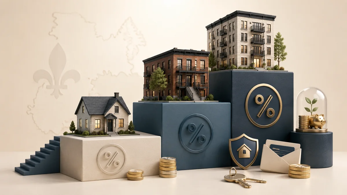 Illustration 3D d'une maison et d'immeubles à revenus au Québec avec pièces d'or, tirelire et symboles de pourcentage, évoquant la mise de fonds et le financement immobilier